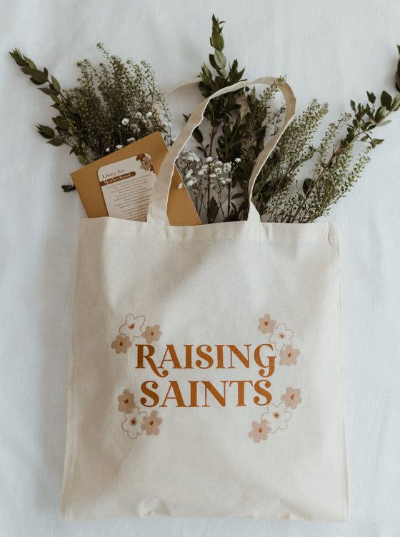 Raising Saints Catholic Tote Bag